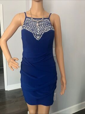 B Darlin Royal Blue Beaded Illusion Neckline Mini Dress